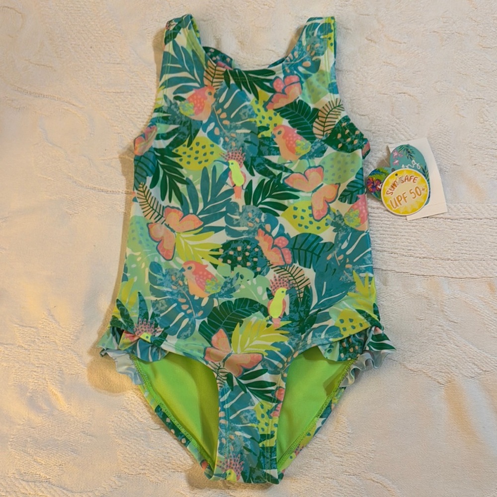 Green and Blue One Piece Swimwear with Tropical Print